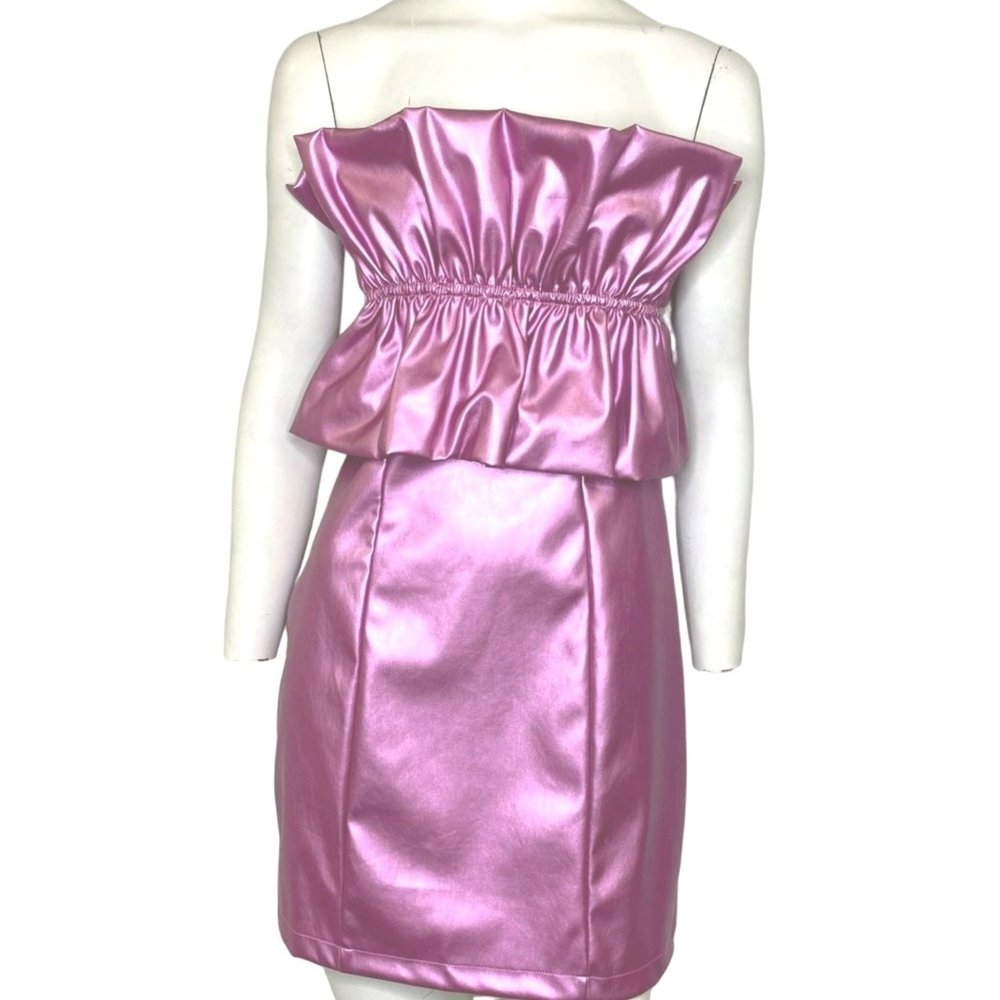 Glam Ruffled Metallic Strapless Mini Cocktail Dress Pink Size Medium NWT